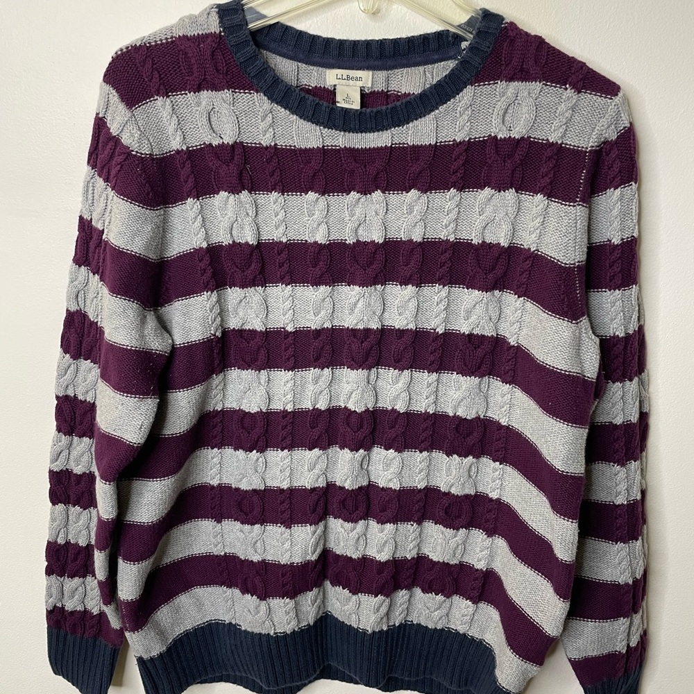 L.L. Bean Women's Plum and Light Gray Striped Cable-Knit Crew Sweater